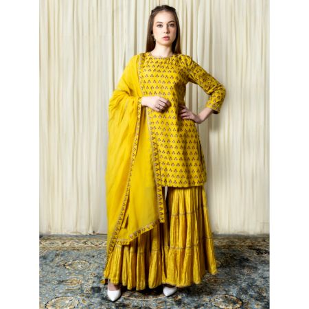 Yellow Short kurta with Tiered Sharara Set